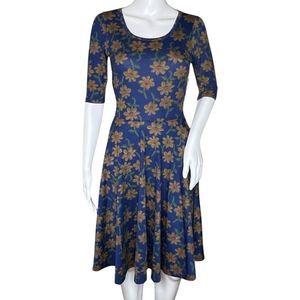 Lularoe Dress Women XS Blue Yellow Floral Print Flowers Daisies‎ A-Line Nicole